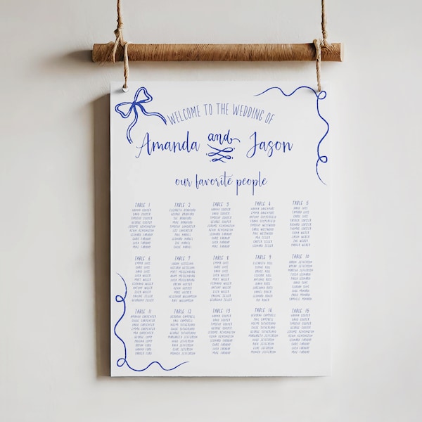 Whimsical Wedding seating chart poster, Printable Hand-drawn ribbon Large Guest Seating Chart Board, Hand written Tableau Mariage AA045