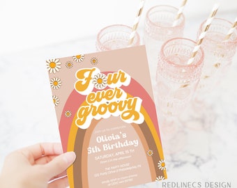 Four Year Birthday Invitation template, 4th birthday For ever groovy, hippie girl birthday party instant download