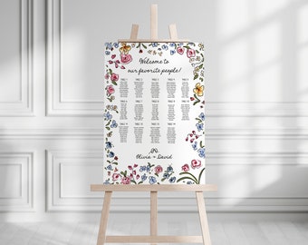 Whimsical Seating chart template, floral wedding seating plan sign, quirky hand drawn tableau de marriage DIY, instant download AA069