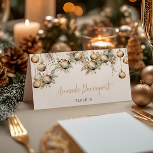 Christmas Place Card Template, Editable Elegant Holiday Place Card, Gold Ornaments Christmas Dinner Labels Buffet flat or foldable AA028