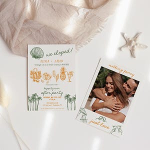 Parteciapzioni di matrimonio originali tema mare spiaggia tropici con disegni a mano libera, template fai da te, fotografia sul retro, AA105