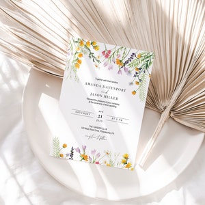 Wildflowers Wedding Invitation Printable,  Boho Floral Invite Templates, Elegant Flower Invites, Editable Template Corjl