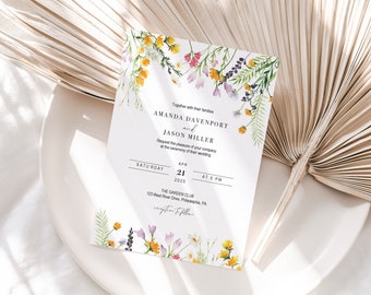 Wildflowers Wedding Invitation Printable,  Boho Floral Invite Templates, Elegant Flower Invites, Editable Template Corjl