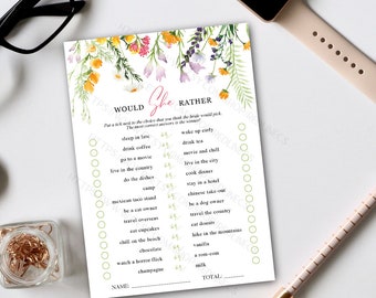 Bridal Shower Game, Would she Rather, Bridal Shower Games Printable, Wedding Shower Games, Bachelorette Party Wildflowers Spring