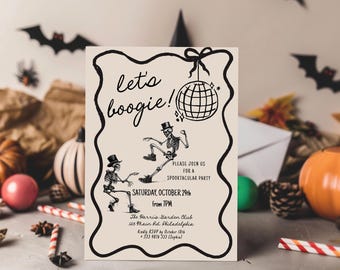 Adult Halloween Party Invitation Disco halloween invite, Let's boogie Dance Party, Handwritten hand drawn dancing skeletons AA085