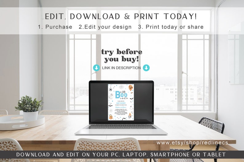 May include: A laptop computer displaying a printable Halloween baby shower invitation with the text "It's a Boo!" and a cute cartoon ghost. The invitation is blue and white with a black and white spider web design. The text "try before you buy!" is displayed above the laptop screen. The laptop is on a wooden table with a white coaster and a green plant in a white pot.