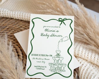 Baby Shower invitation with Champagne tower and baby bottle, hand drawn funny invite editable colors template digital AA106