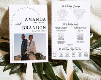 Minimalist Wedding Program Fan Template, Day Timeline and Ceremony Program printable, with custom photo, edit and print,  AA017