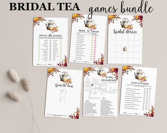 Bridal Shower Tea Games Bundle, Bridal Shower Games Package, Bingo, bride or groom Romantic Floral Teapot, autumn flowers AA018