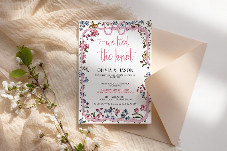 May include: A floral wedding invitation with a pink ribbon tied in a bow. The text reads "We tied the knot" with the names Olivia & Jason and the date 04.10.2055. The invitation also includes details about the reception, which will be held on Saturday, 25th May 2005 at six o'clock in the afternoon at The Garden Club, 123 Park Lane, Philadelphia, PA. The RSVP information is "Kindly RSVP to Emma at 355 5678 999."