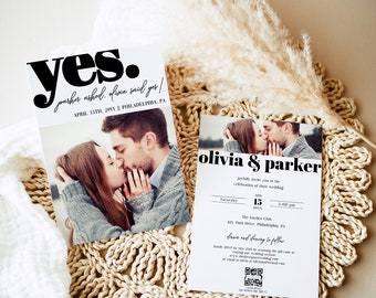 Minimalist Wedding Invitation Template | Bold Tipography Wedding Invite with 2 Photos | Unique Wedding Invitation Printable | QR code rsvp
