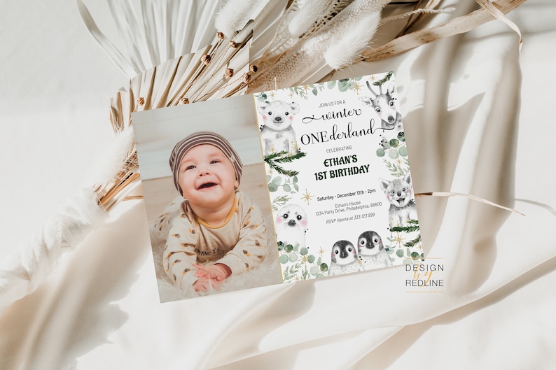 Winter Onederland polar animals 1st Birthday Invitation Template Custom Photo Winter Birthday Invitation