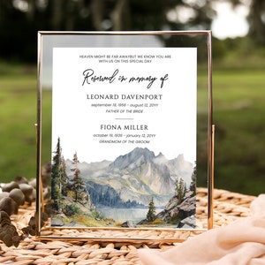 Idea per matrimonio cartello da tavolo con paesaggio di montagna,  da editare e stampare