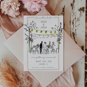 Annuncio di matrimonio con disegno a mano di cena all'aperto con luci, fai da te, AA0103