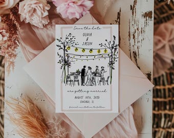 Summer Wedding Save the Date template, whimsical fancy invitation, hand sketched announcement, AA0103