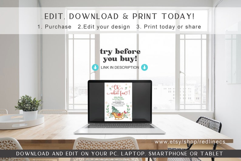 May include: A laptop computer displaying a printable Christmas party invitation with the text "Oh what fun!" and a red sleigh with a reindeer. The invitation is for Olivia's birthday party. The text "try before you buy!" is displayed above the laptop screen.
