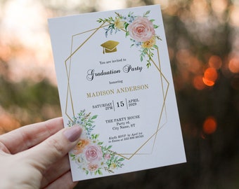 Floral Graduation Party invitation printable card, Floral Boho Grad Party template, Blush Gold invite, instant download editable with Corjl