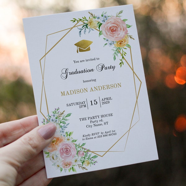 Floral Graduation Party invitation printable card, Floral Boho Grad Party template, Blush Gold invite, instant download editable with Corjl