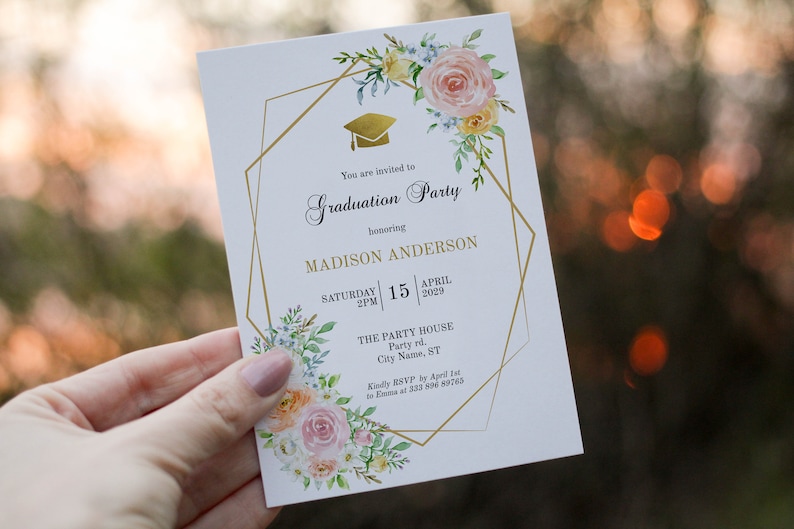 May include: A white graduation party invitation with a gold geometric frame and floral design. The text reads "You are invited to Graduation Party honoring MADISON ANDERSON SATURDAY 15 APRIL 2PM 2029 THE PARTY HOUSE Party rd. City Name, ST Kindly RSVP by April 1st to Emma at 333 896 89743"