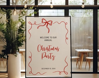 Christmas Party Welcome Sign Template Printable, Modern red bow hand drawn, Office Holiday Party welcome sign editable color