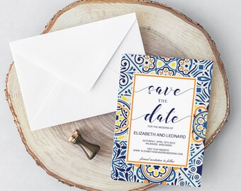 Portuguese tiles Save the Date printable, Mediterranean Tiles Wedding Announcement template, Instant Download editable PDF #PTL