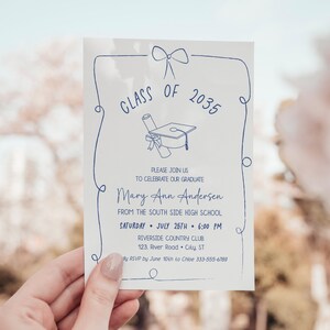 May include: A white graduation invitation with blue text and a hand-drawn illustration of a graduation cap and diploma. The invitation reads "Class of 2035" and includes the graduate's name, "Mary Ann Andersen", the date and time of the graduation ceremony, and the location of the event.