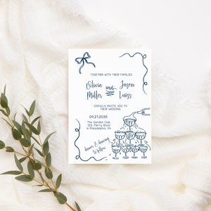 Wedding Invitation template, hand drawn champagne tower wedding invite editable download, retro hand drawn bow ribbon AA045 image 1