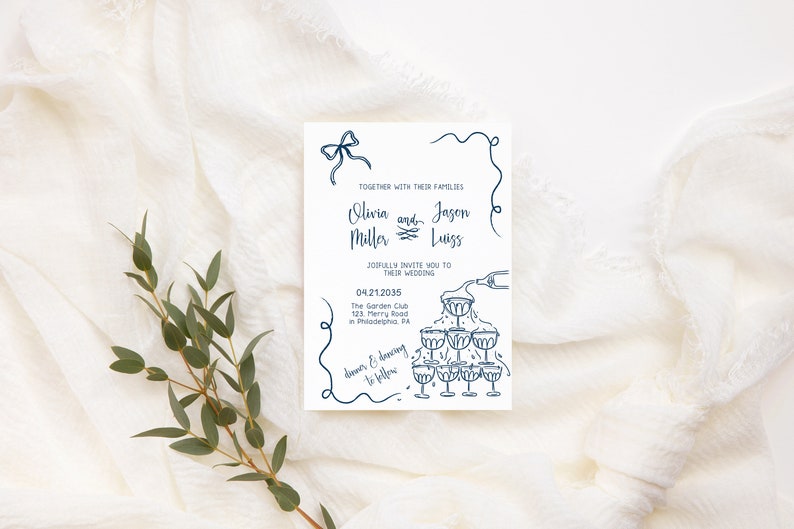 Wedding Invitation template, hand drawn champagne tower wedding invite editable download, retro hand drawn bow ribbon AA045 image 1