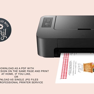 May include: A black printer is shown printing a picnic-themed invitation. The invitation features a watercolor illustration of a picnic basket and text that reads "Picnic Festival". The text "Personalize with Corjl" is also visible.