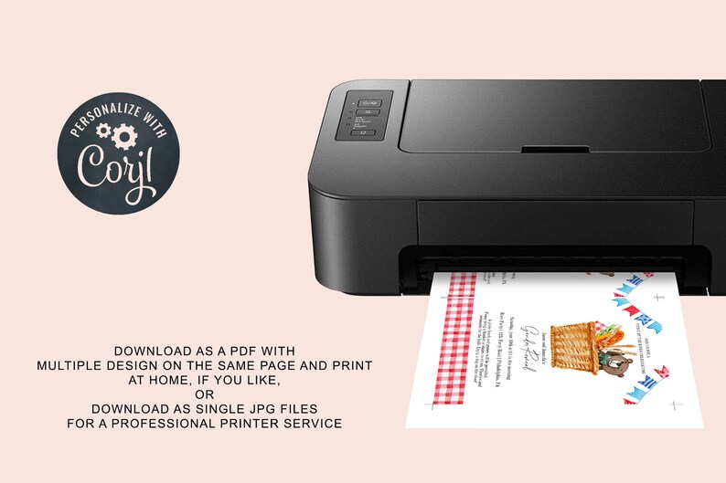 May include: A black printer is shown printing a picnic-themed invitation. The invitation features a watercolor illustration of a picnic basket and text that reads "Picnic Festival". The text "Personalize with Corjl" is also visible.