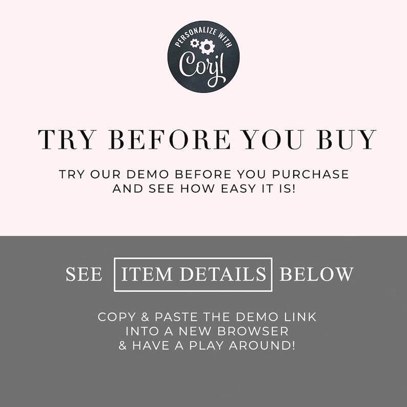 May include: A gray and white graphic with the text "TRY BEFORE YOU BUY" and "TRY OUR DEMO BEFORE YOU PURCHASE AND SEE HOW EASY IT IS!"  Below the text is a gray rectangle with the text "SEE ITEM DETAILS BELOW" and "COPY & PASTE THE DEMO LINK INTO A NEW BROWSER & HAVE A PLAY AROUND!"