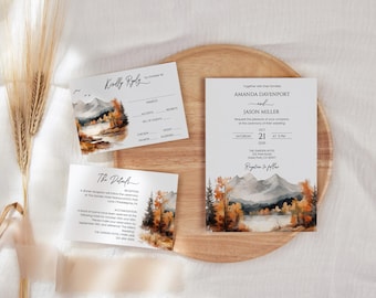 Fall Mountains Wedding Invitation set template, lakeside Wedding invitation suite, watercolor landscape invite, forest rsvp card AA031