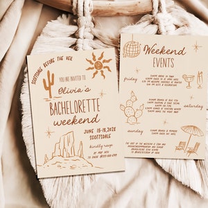 May include: A tan card with brown text and illustrations announcing a bachelorette weekend in Scottsdale, Arizona. The card includes the text "Scottsdale Before the Veil", "You are invited to Olivia's Bachelorette Weekend", "June 15-18, 202X Scottsdale", and "kindly RSVP by May 10th to (602) 833-8855". The card also features illustrations of a cactus, a sun, a mountain range, and a star. A second tan card with brown text and illustrations lists the weekend events. The card includes the text "Weekend Events", "Friday", "Saturday", and "Sunday". The card also features illustrations of a disco ball, a cactus, a margarita glass, a cocktail glass, a beach umbrella, and two lounge chairs.