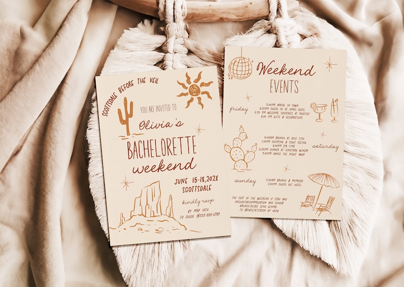 May include: A tan card with brown text and illustrations announcing a bachelorette weekend in Scottsdale, Arizona. The card includes the text "Scottsdale Before the Veil", "You are invited to Olivia's Bachelorette Weekend", "June 15-18, 202X Scottsdale", and "kindly RSVP by May 10th to (602) 833-8855". The card also features illustrations of a cactus, a sun, a mountain range, and a star. A second tan card with brown text and illustrations lists the weekend events. The card includes the text "Weekend Events", "Friday", "Saturday", and "Sunday". The card also features illustrations of a disco ball, a cactus, a margarita glass, a cocktail glass, a beach umbrella, and two lounge chairs.