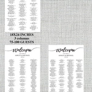 May include: A black and white wedding seating chart with the text "Welcome to the wedding of Ashley and Michael" and the date "10.05.20". The chart shows three different sizes for the seating chart: 18x24 inches, 24x36 inches, and 24x36 inches. The chart also shows the number of guests each size can accommodate: 75-100 guests, 100-125 guests, and 150+ guests.