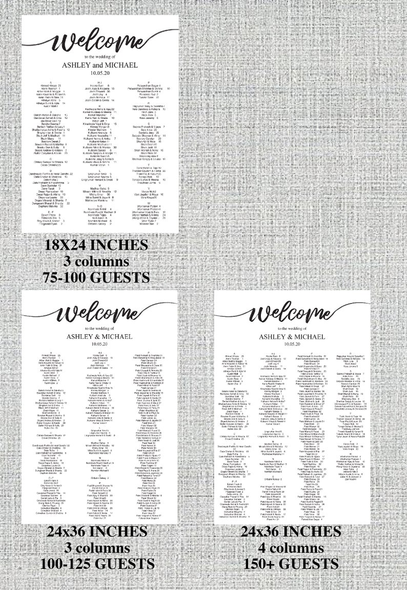 May include: A black and white wedding seating chart with the text "Welcome to the wedding of Ashley and Michael" and the date "10.05.20". The chart shows three different sizes for the seating chart: 18x24 inches, 24x36 inches, and 24x36 inches. The chart also shows the number of guests each size can accommodate: 75-100 guests, 100-125 guests, and 150+ guests.