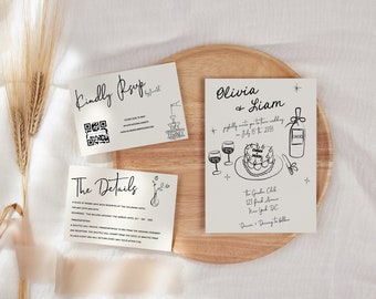 Illustrated Wedding Suite Template, Hand Drawn Scribble Illustrations, vintage heartshape cake names, Handwritten, RSVP qr code, AA059
