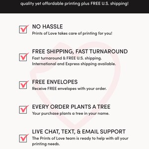 May include: A pink heart with the text "prints of love" above the text "PROFESSIONAL PRINTING". Below the text is a list of benefits of using Prints of Love, including free shipping, fast turnaround, free envelopes, and a tree planted for every order. The text "Use my referral link to get started: https://printsoflove.com/ref/_redlinecs" is at the bottom of the image.