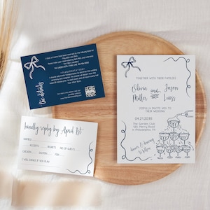Partecipazioni Matrimonio con fiocco disegnato a mano, torre champagne, partecipazioni di nozze template da stampare AA045