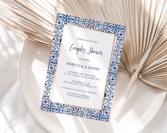 Couples Shower Invitation template, Blue tiles shower invitation, editable majolica shower invite, Portuguese mediterranean tiles and gold