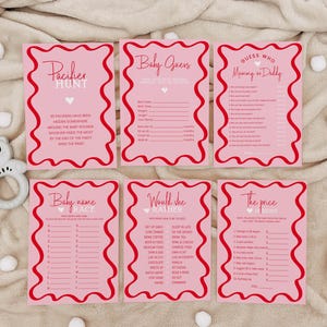 Giochi Baby Shower tema san Valentino con bordo rosso e cuore bianco, arrivo bimbo san valentino AA047