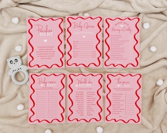 May include: Pink baby shower game cards with red wavy borders. Games include "Pacifier Hunt", "Baby Guess", "Guess Who Mommy or Daddy", "Baby Name Race", "Would She Rather", and "The Price is Right". A panda bear rattle is on the left.