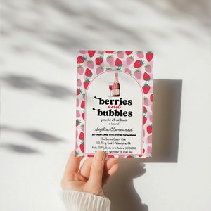 Bridal Shower invito addio al nubilato fragole e champagne, invito di tendenza, personalizzabile, template editabile con Corjl