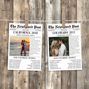 May include: A black and white newspaper-style print with the title "The Newlywed Post" and the text "California 2010" and "Colorado 2011". The print features two photos of a couple in different locations. The text below the photos lists the names of the couple's favorite people.