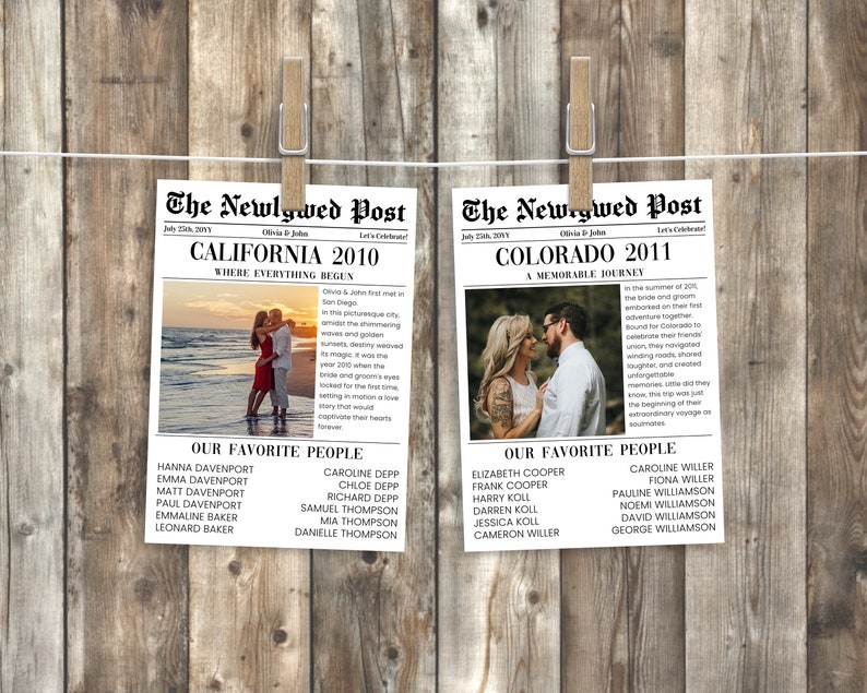 May include: A black and white newspaper-style print with the title "The Newlywed Post" and the text "California 2010" and "Colorado 2011". The print features two photos of a couple in different locations. The text below the photos lists the names of the couple's favorite people.