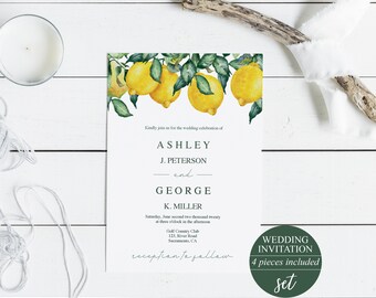 Lemons Wedding Invitation Suite, Summer Printable Template (PDF)