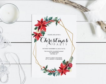 Christmas Party Invite with Poinsettia and winter greenery decor on gold geometric frame. Instant Download, editable PDF file #XMS
