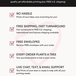 May include: A pink heart with the text "prints of love" above the text "PROFESSIONAL PRINTING". Below the text is a list of benefits of using Prints of Love, including free shipping, fast turnaround, free envelopes, and a tree planted for every order. The text "Use my referral link to get started: https://printsoflove.com/ref/_redlinecs" is at the bottom of the image.