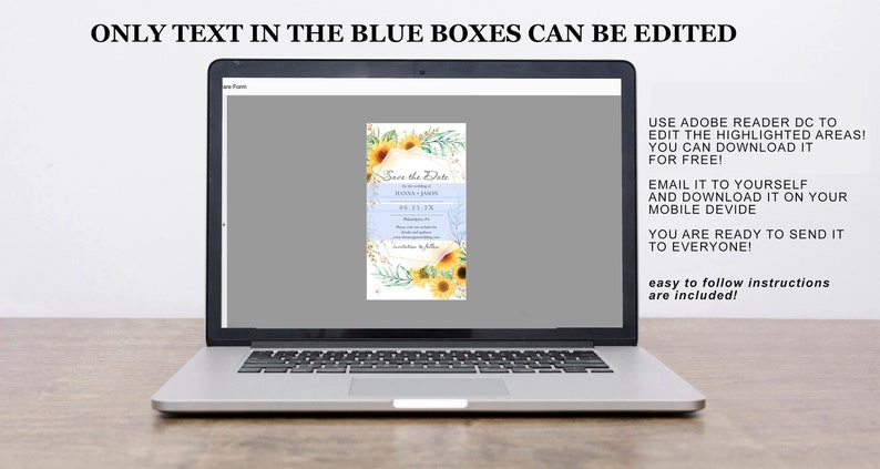 PDF Electronic Save the Date Template Floral rustic Wedding Announcement editable Sunflowers Digital Save the Date invitation