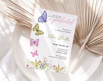 Graduation Party Invitation Printable, Wildflowers & Butterfly Invite Editable Template Corjl Digital Download